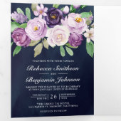 Rustige Paarse Floral QR Code Navy Blue Wedding Drieluik Uitnodiging (Binnenzijde eerst)