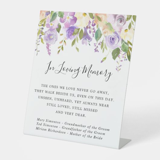 Rustige Paarse Floral Wedding Memorial Reclamebord Met Voetstuk (Voorkant)