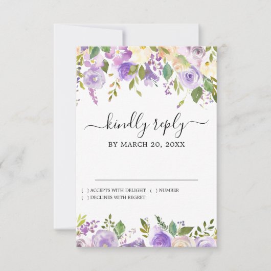 Rustige Paarse Floral Wedding RSVP Kaartje (Voorkant)