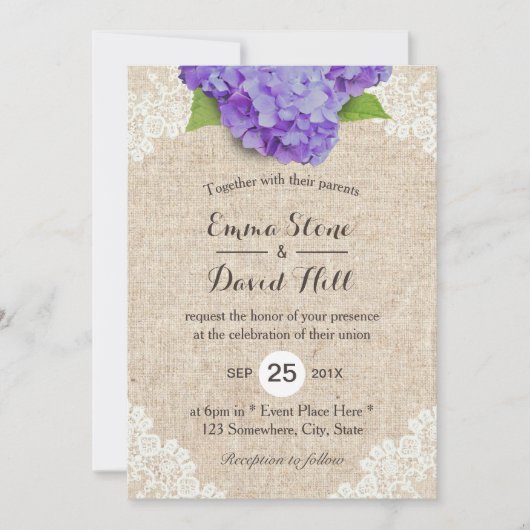 Rustige Paarse Hydrangea Floral Lace Burlap Weddin Kaart (Voorkant)