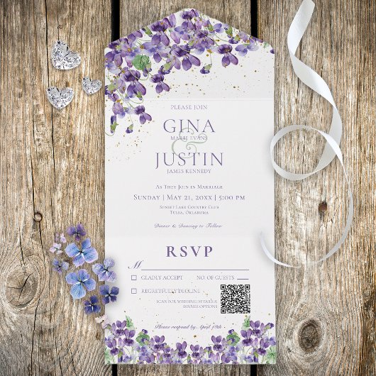 Rustige Paarse overvallen Goudsparkle QR-code All In One Uitnodiging