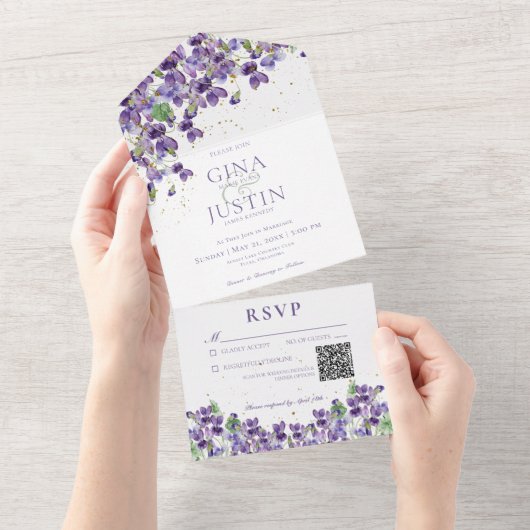 Rustige Paarse overvallen Goudsparkle QR-code All In One Uitnodiging (Afscheurbaar)