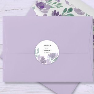 Rustige Paarse Waterverf Bloemige Bruiloft Ronde Sticker