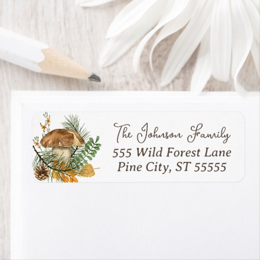 Rustige paddenstoel Pinecone laat bloemen Etiket (Insitu)