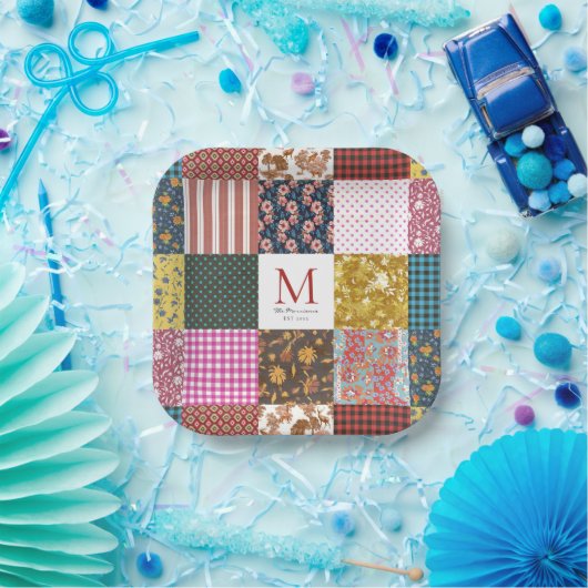 Rustige  patchwork Quilt Pattern Monogram Papieren Bordje (Feest)