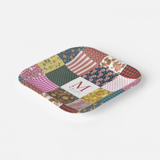 Rustige  patchwork Quilt Pattern Monogram Papieren Bordje (Gebogen)