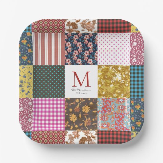 Rustige  patchwork Quilt Pattern Monogram Papieren Bordje (Voorkant)