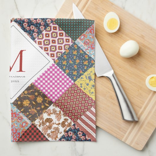 Rustige  patchwork Quilt Pattern Monogram Theedoek (Quarter Fold)