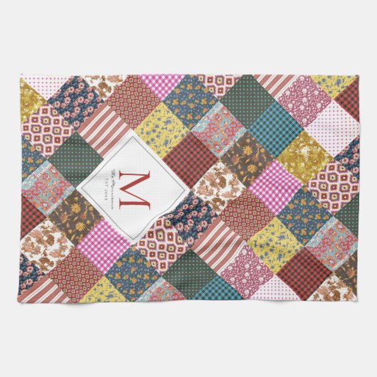 Rustige  patchwork Quilt Pattern Monogram Theedoek (Horizontaal)
