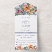 Rustige peach Blue & White Floral No Dinner All In One Uitnodiging (Binnen)