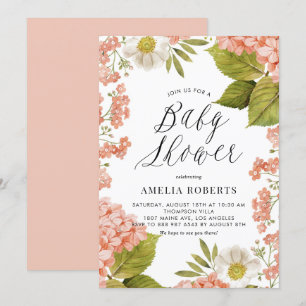 Rustige Peach Waterverf Hydrangeas Baby shower Kaart