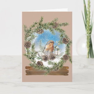 Rustige Pine Wreath en Bird Snow Wereldbol Kerstmi Kaart
