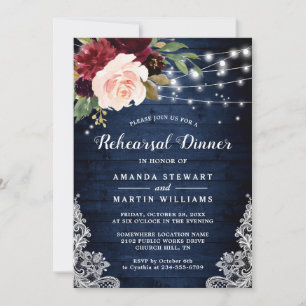 Rustige Red Blue Floral Lights Rehearsal Dinner Kaart