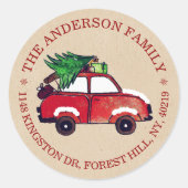 Rustige Red Car Festive-adres kerstretour Ronde Sticker (Voorkant)
