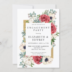 Rustige Red en Gold Floral Engagement Party Kaart