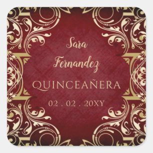 Rustige Red Gold Elegant Quinceanera Square Sticke Vierkante Sticker