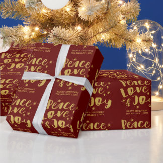 Rustige Red Gold Peace Love & Joy Holiday Kerstmis Cadeaupapier