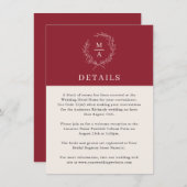 Rustige Red Simple Elegant Monogram - Gegevens Informatiekaartje (Voorkant / Achterkant)