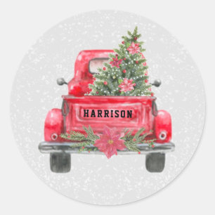 Rustige Red Truck Familie Naam kerstboom Ronde Sticker