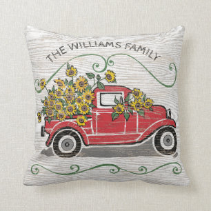 Rustige Red Truck - Monogram zonnebloemen Kussen