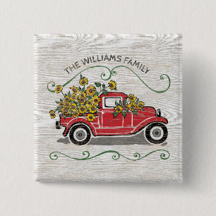 Rustige Red Truck - Monogram zonnebloemen Vierkante Button 5,1 Cm