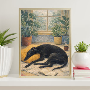 Rustige regendag met slapende zwarte windhond poster