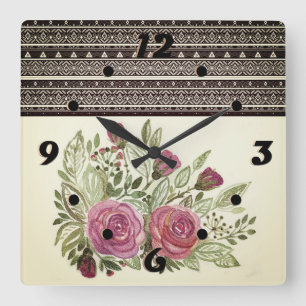 Rustige retro beige sepia waterverf bloemen rood vierkante klok