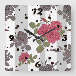 Rustige retro grijze gestreepte bloemen rode rozen vierkante klok