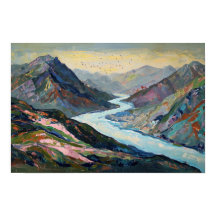 Rustige Rivier, Mountain Hues Illustratie Retro