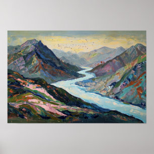 Rustige Rivier, Mountain Hues Illustratie Retro Poster