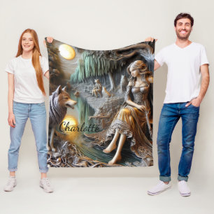 Rustige riviernacht met een Indiaan en een wolf Fleece Deken