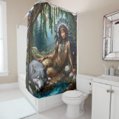 Rustige rivierscène met Native en wolf Douchegordijn (In situ)