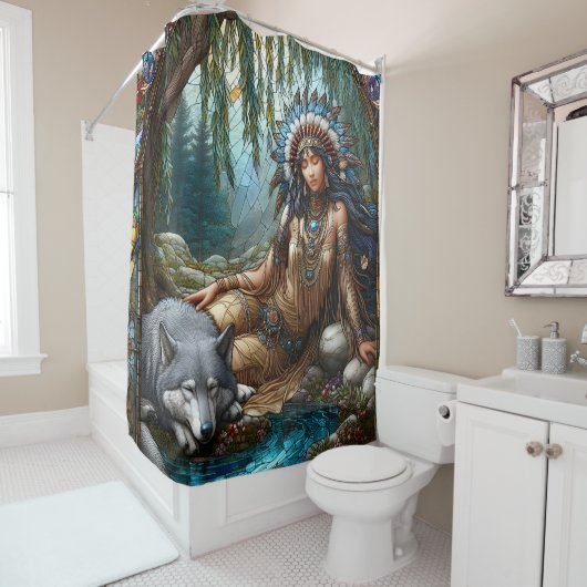Rustige rivierscène met Native en wolf Douchegordijn (In situ)