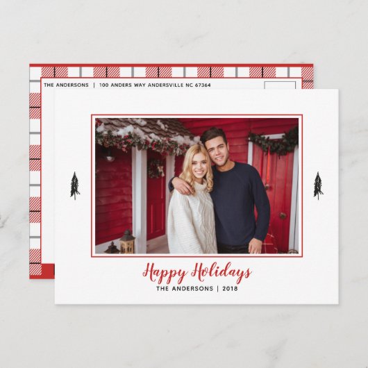 Rustige rode en witte kerstboom met gingham-flatje aankondigingskaart (Voorkant / Achterkant)