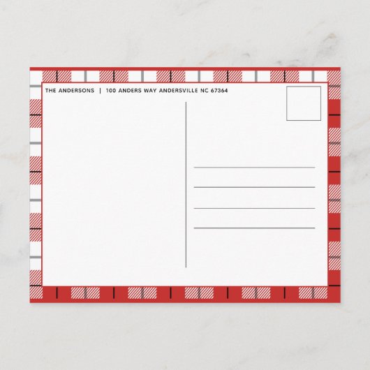 Rustige rode en witte kerstboom met gingham-flatje aankondigingskaart (Achterkant)