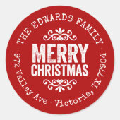 Rustige rode kerstavond retournering adreslabel ronde sticker (Voorkant)
