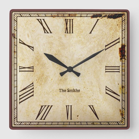 Rustige Roman Numeral Aged SQ Clock Face Vierkante Klok (Voorkant)