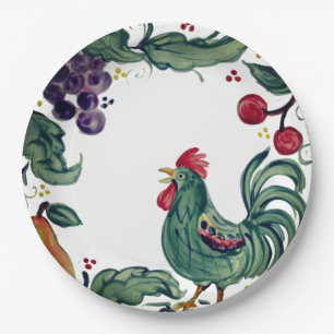 Rustige rooster en vruchtendragende tuinboerderij papieren bordje