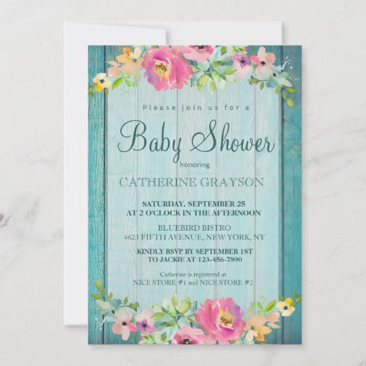 Rustige roze Baby shower met blauw hout Kaart (Voorkant)