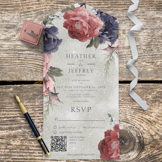 Rustige roze en blauwe volken Groene QR-code All In One Uitnodiging