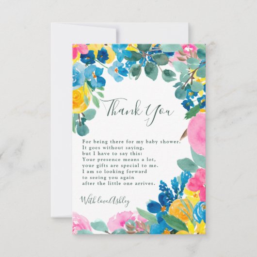 Rustige roze groene zomerbloem baby shower bedankkaart (Voorkant)