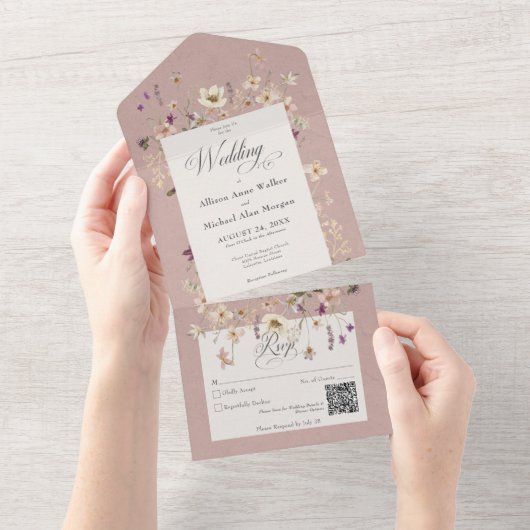 Rustige roze Lijst QR-code All In One Uitnodiging (Afscheurbaar)