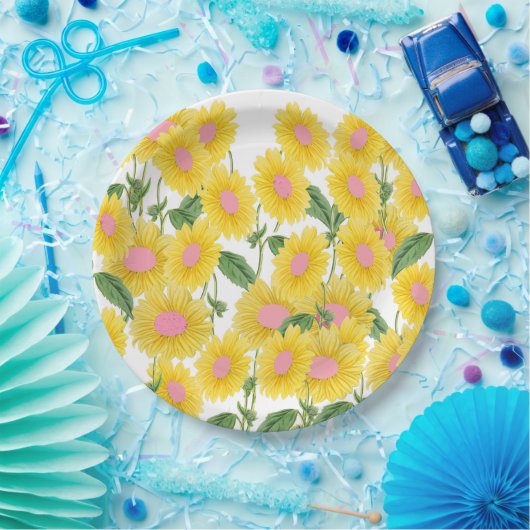 Rustige roze zonnebloemen Modern White Papieren Bordje (Feest)