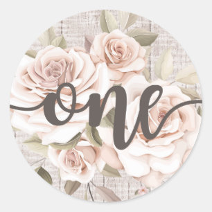 Rustige Rozen 1e verjaardag van hout en shabby Ronde Sticker