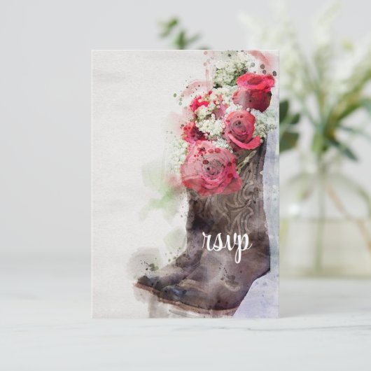 Rustige Rozen Boots Westerne bruiloft Waterverf RSVP Kaartje (Staand voorkant)