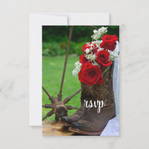 Rustige Rozen Cowboy Boots country Wedding RSVP Kaartje