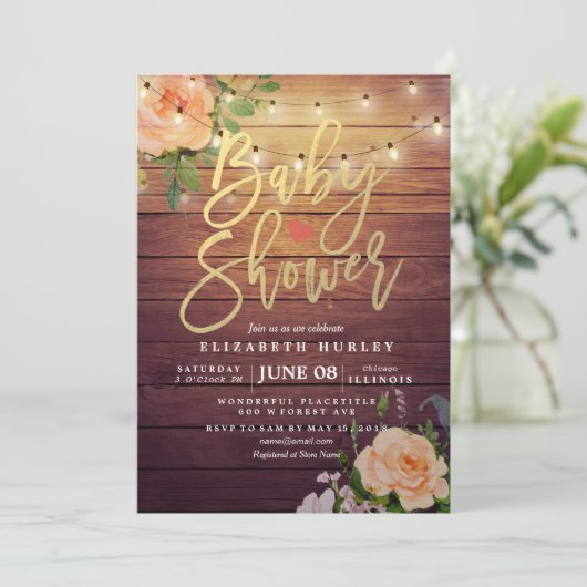 Rustige Rozen Floral String Light Baby shower Kaart (Staand voorkant)