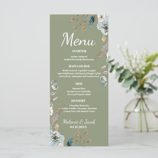 Rustige Sage floral 4x9 flat bruiloft Menu (Staand voorkant)