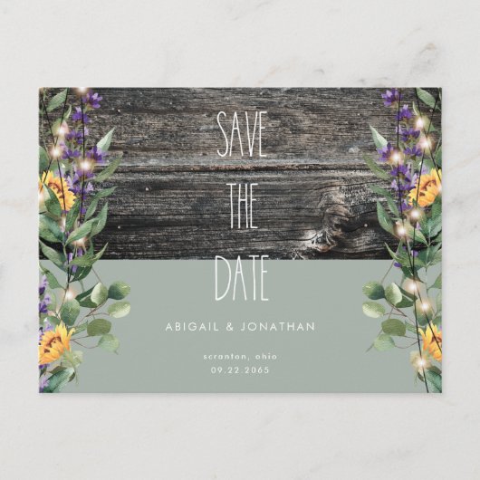 Rustige Sage Foliage Sunflower Save the Date Briefkaart (Voorkant)