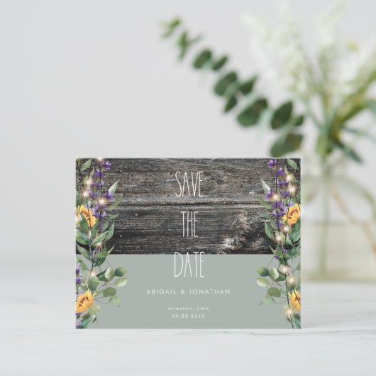 Rustige Sage Foliage Sunflower Save the Date Uitnodiging Briefkaart (Staand voorkant)